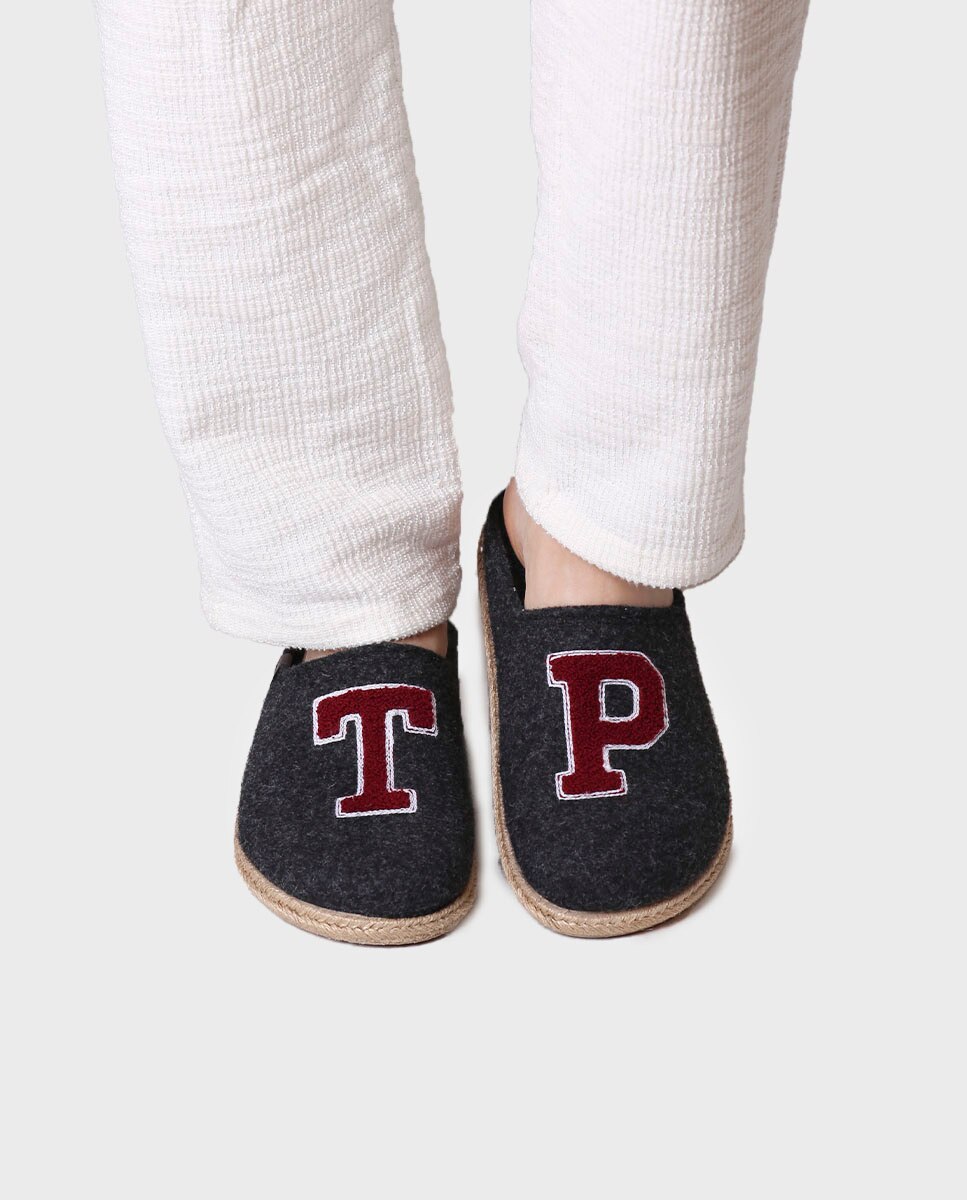 Pantufas de Feltro com Bordado Cinzento-escuro-4
