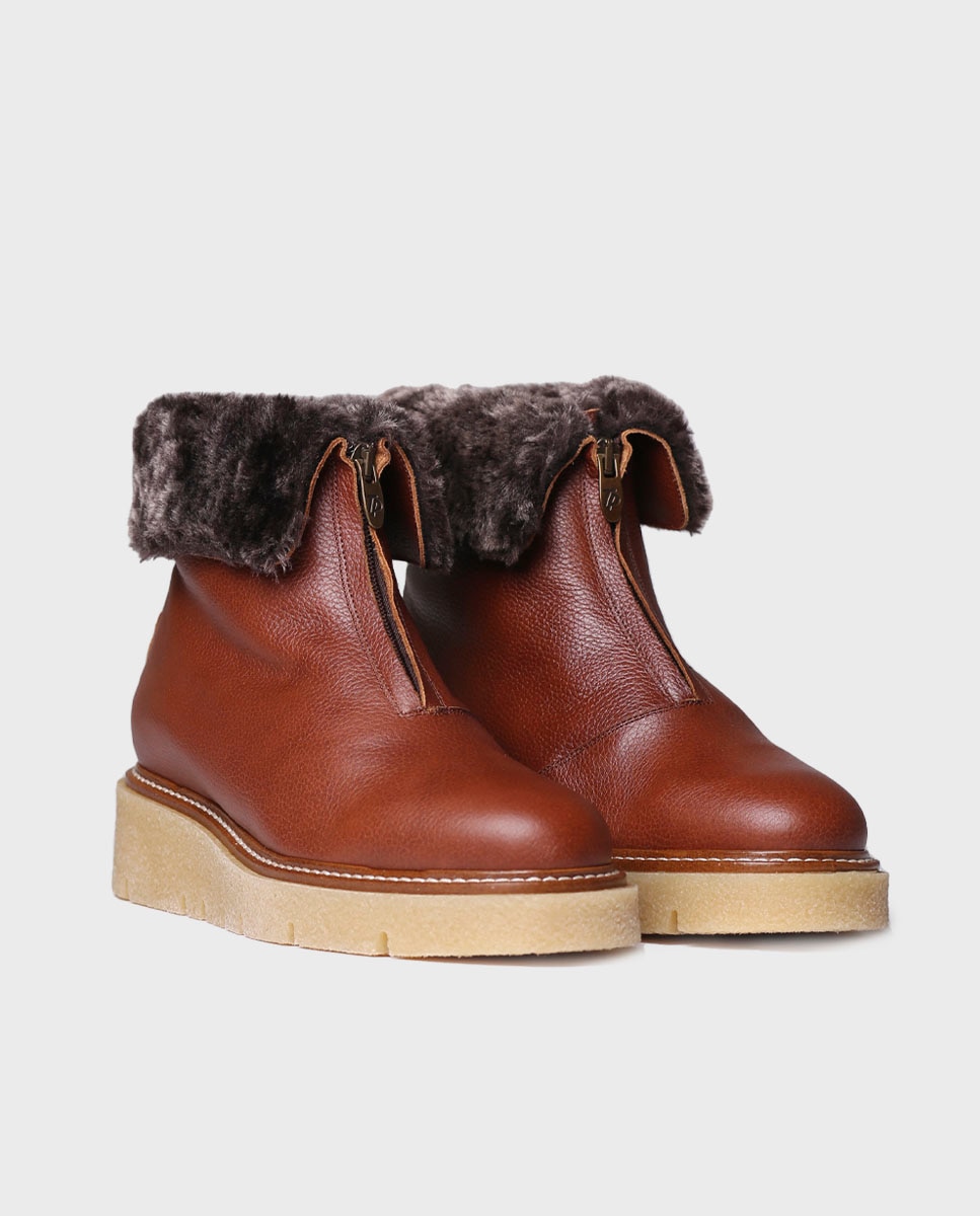 Botins com Pelo em Pele com Fecho Zip Frontal Castanho-claro-2