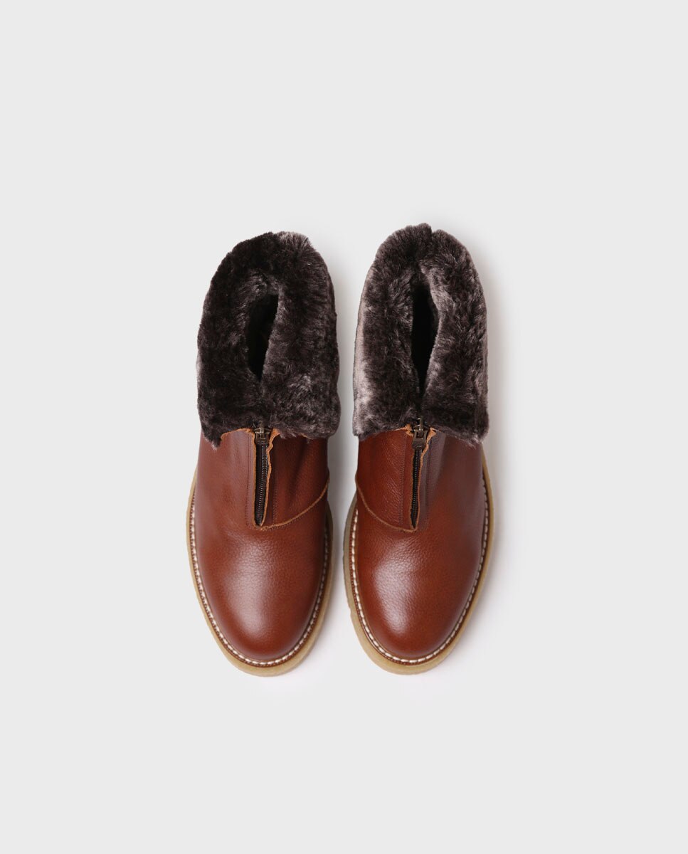 Botins com Pelo em Pele com Fecho Zip Frontal Castanho-claro-3