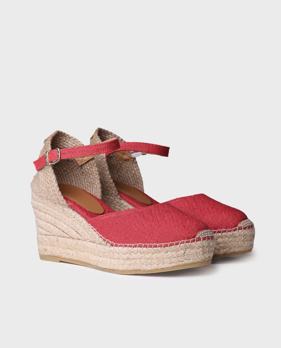 Alpercatas de Cunha em Tecido com Fivela Vermelho-2