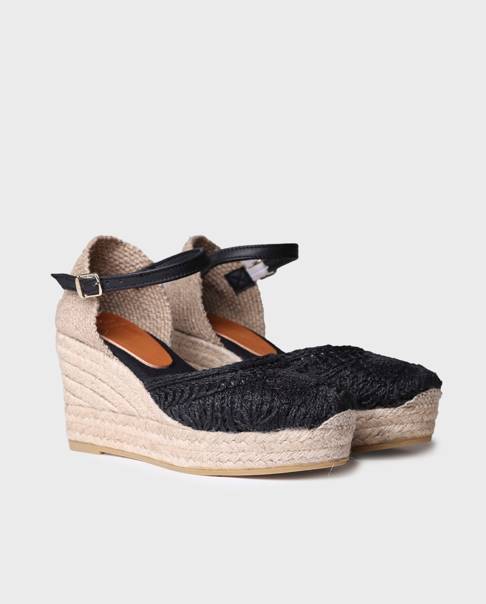 Alpercatas de Cunha em Tecido com Fivela Preto-2