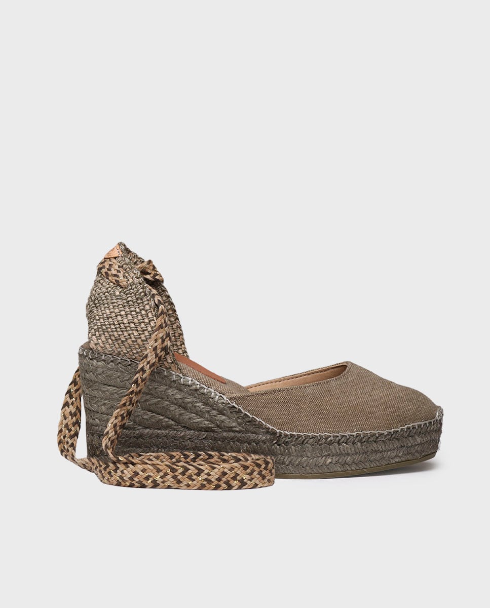 Alpercatas de Cunha em Tecido com Tiras Caqui-1