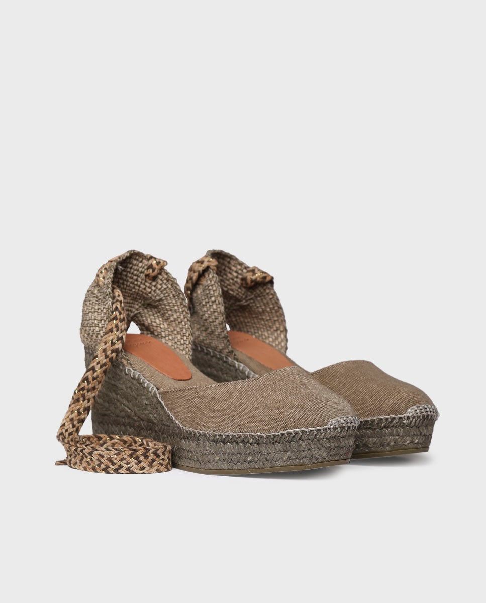 Alpercatas de Cunha em Tecido com Tiras Caqui-2