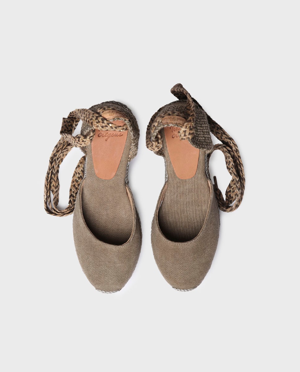 Alpercatas de Cunha em Tecido com Tiras Caqui-3