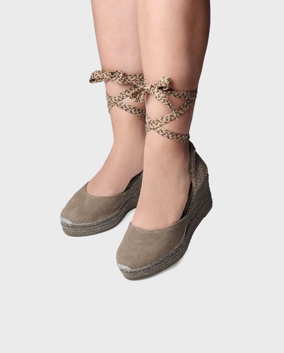 Alpercatas de Cunha em Tecido com Tiras Caqui-4