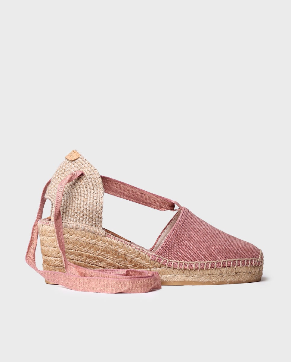 Alpercatas de Cunha em Tecido com Tiras Rosa-1