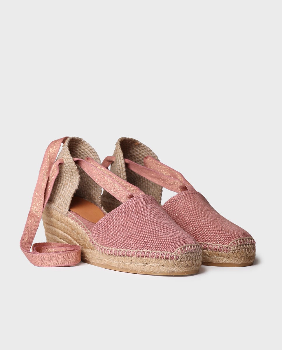Alpercatas de Cunha em Tecido com Tiras Rosa-2