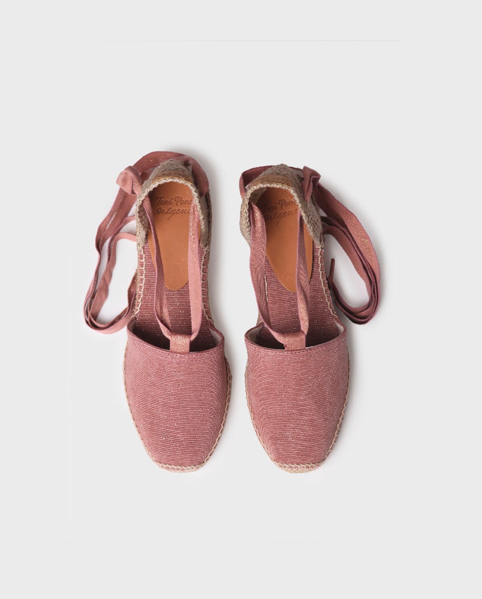 Alpercatas de Cunha em Tecido com Tiras Rosa-3