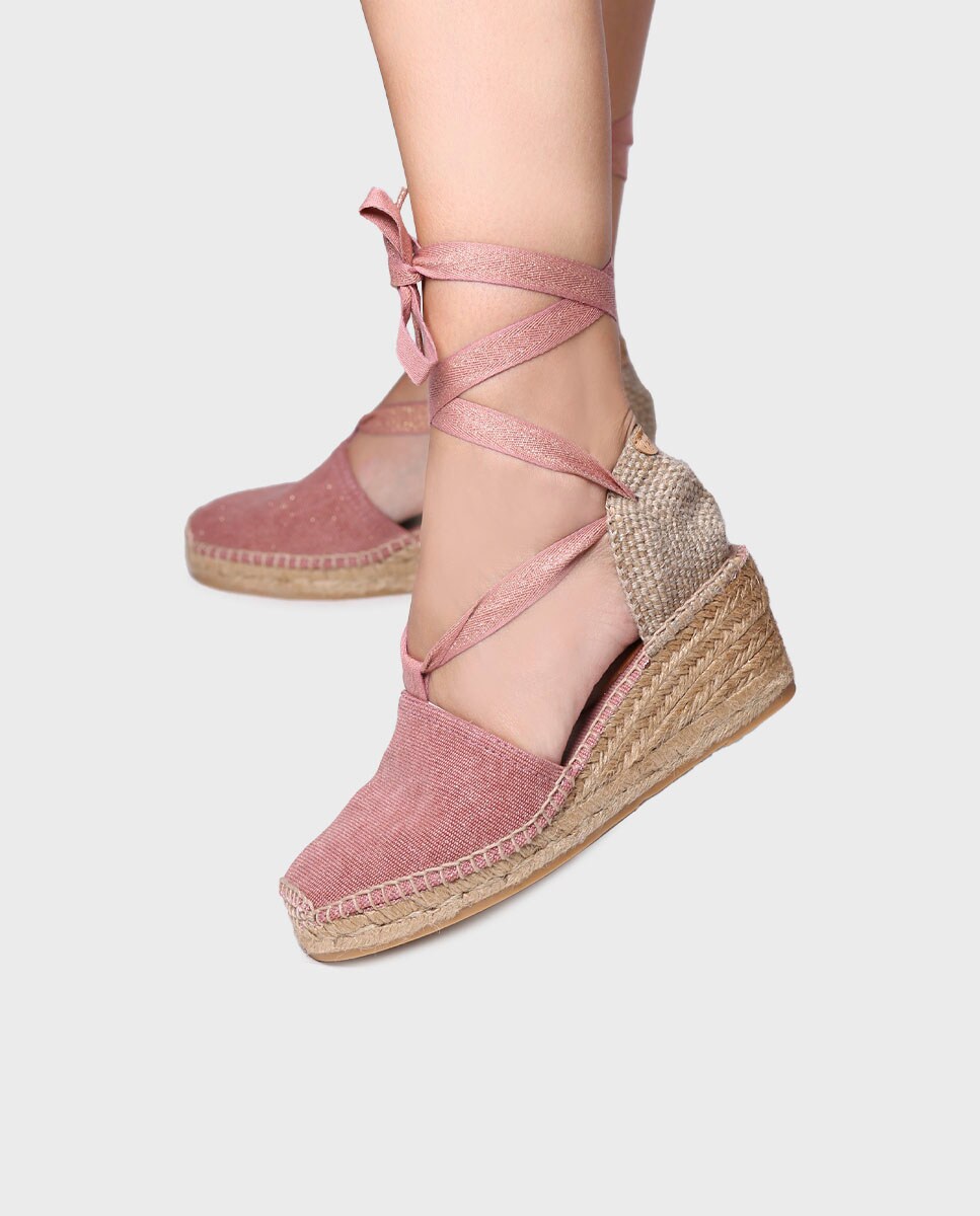 Alpercatas de Cunha em Tecido com Tiras Rosa-4
