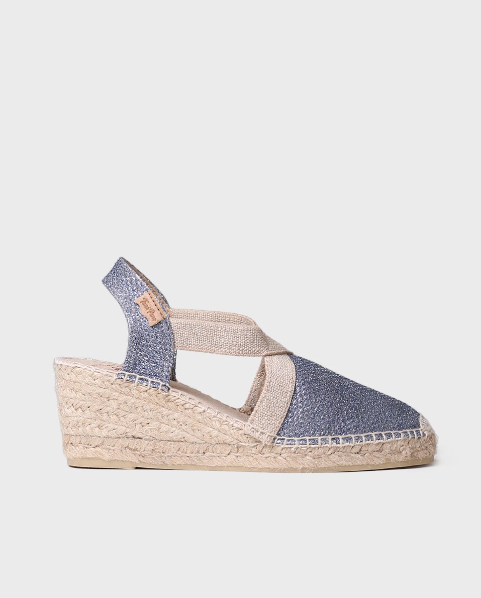 Alpercatas de Cunha em Tecido Brilhante com Elásticos Azul-1