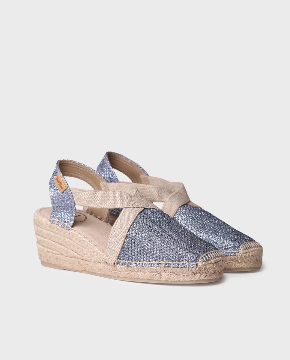 Alpercatas de Cunha em Tecido Brilhante com Elásticos Azul-2