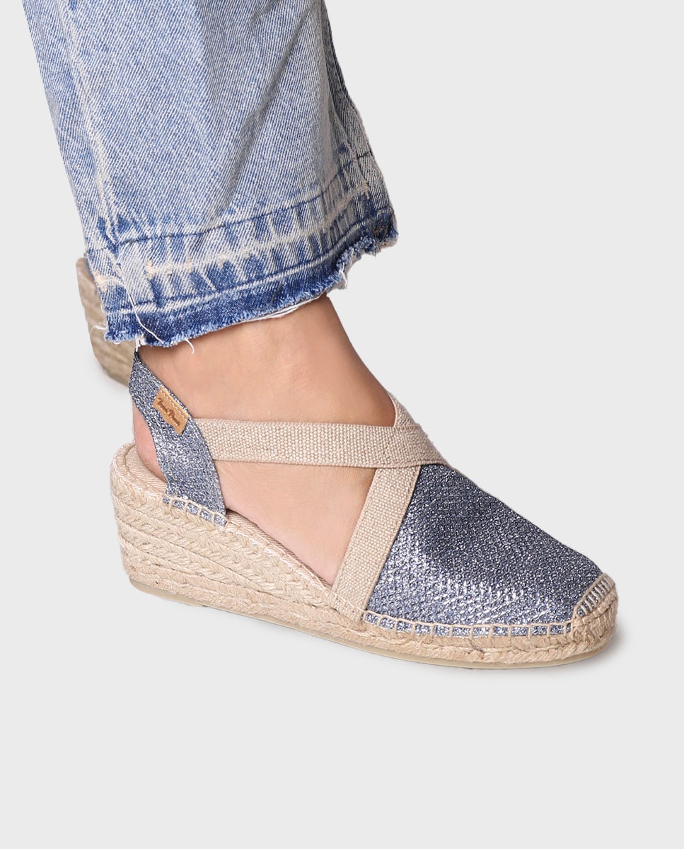 Alpercatas de Cunha em Tecido Brilhante com Elásticos Azul-4