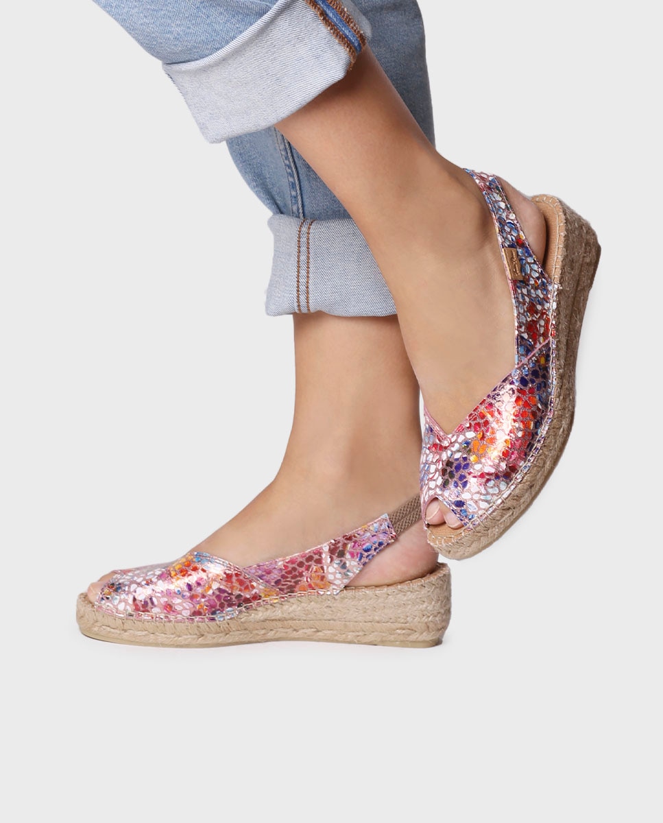 Alpercatas de Cunha em Pele Estilo Peep Toe Multicolor-4