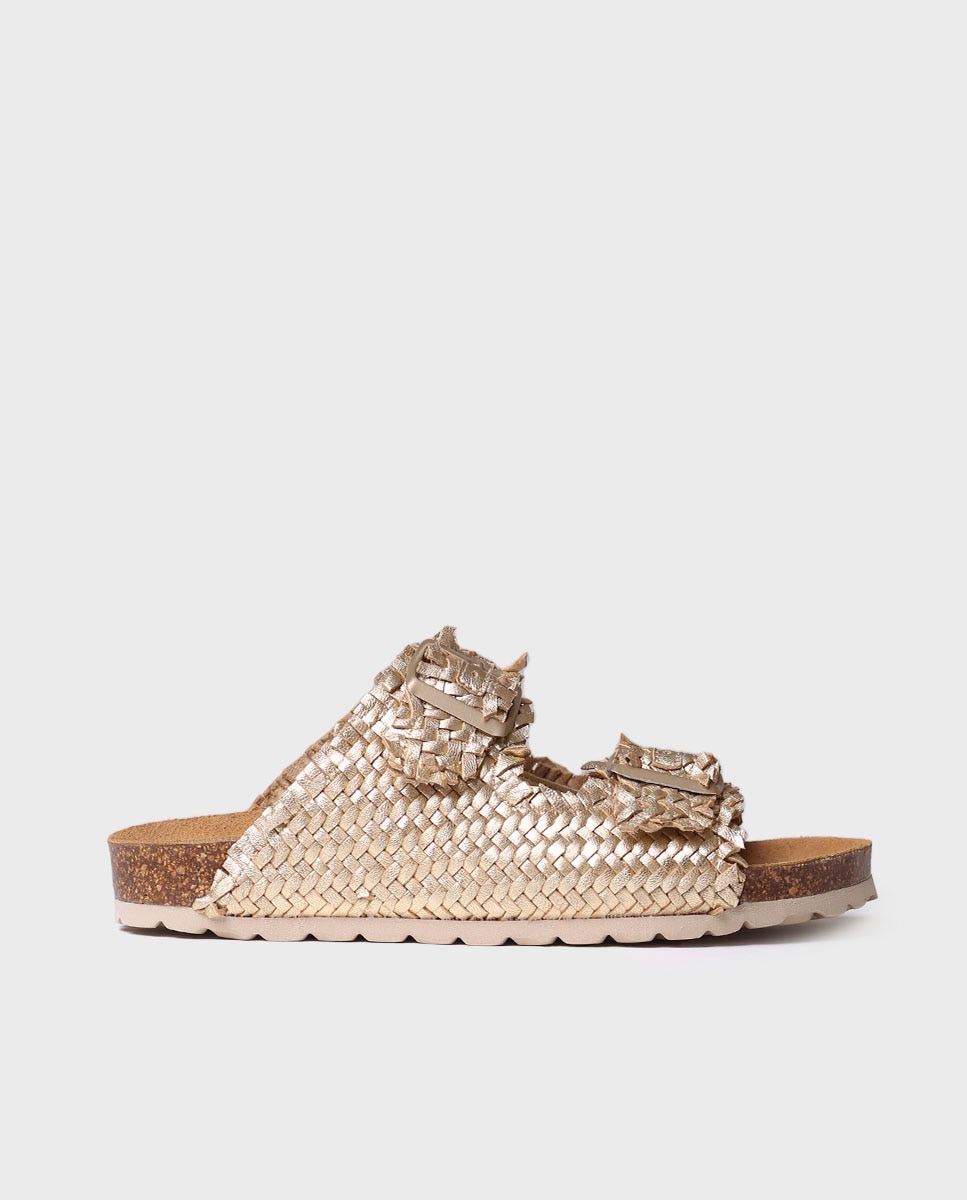 Sandálias Rasas de Pele com Fivelas Ouro-1