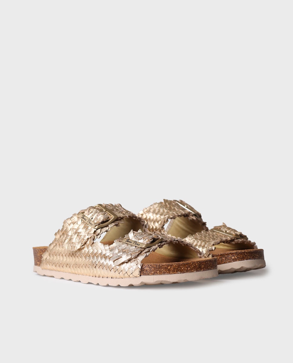 Sandálias Rasas de Pele com Fivelas Ouro-2