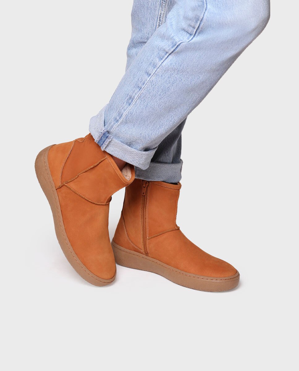 Botins de Pele com Fecho Zip Castanho-claro-4