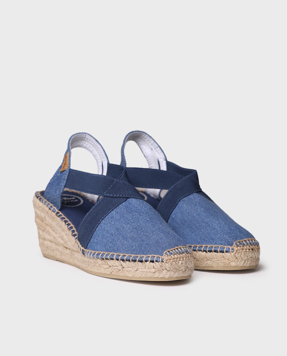 Alpercatas de Cunha em Tecido com Elásticos Azul-2