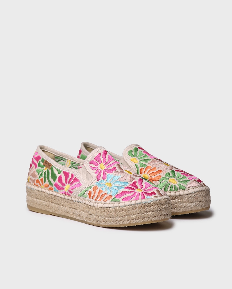 Alpercatas de Plataforma Estampadas com Elásticos Bege/Rosa-2