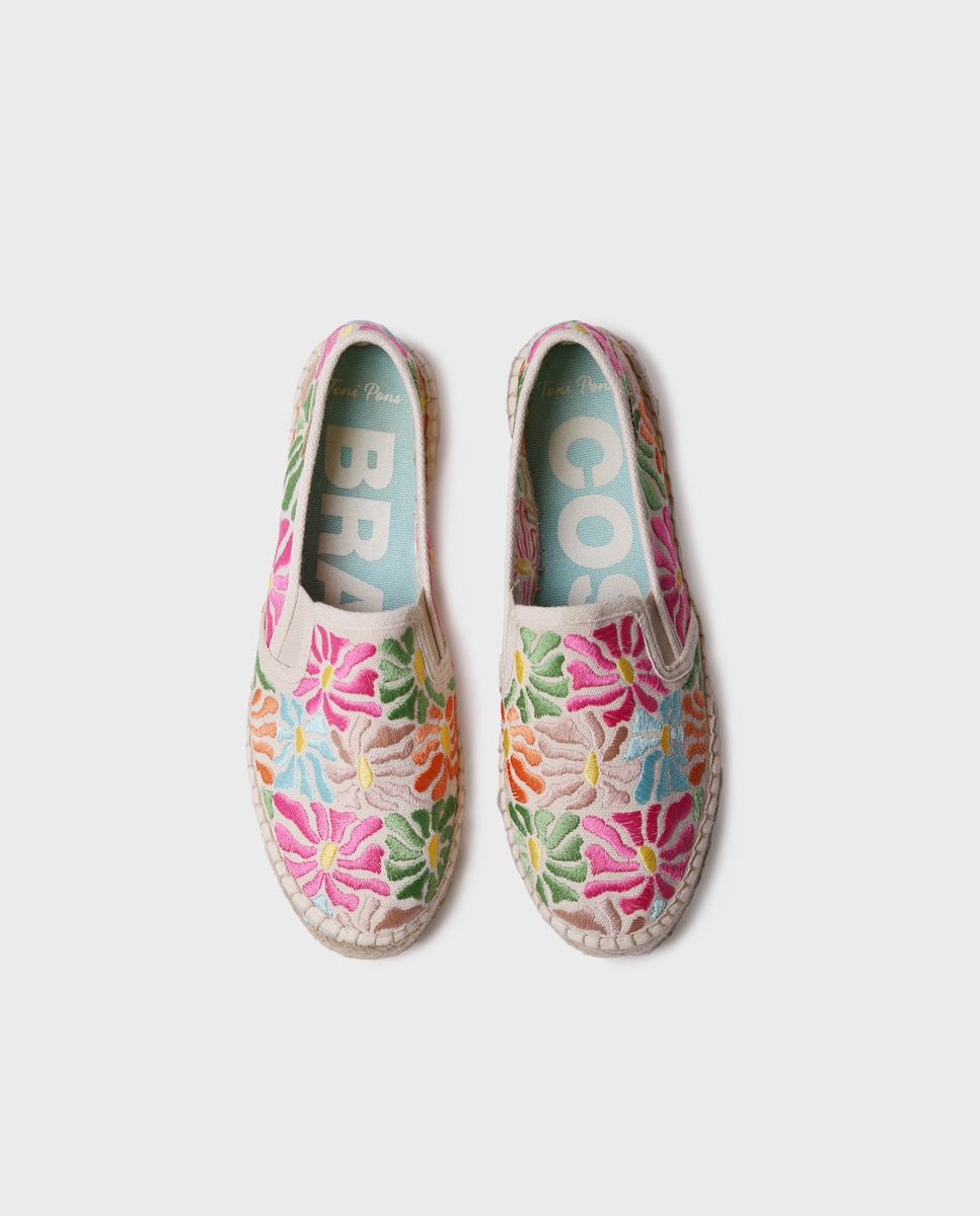 Alpercatas de Plataforma Estampadas com Elásticos Bege/Rosa-3