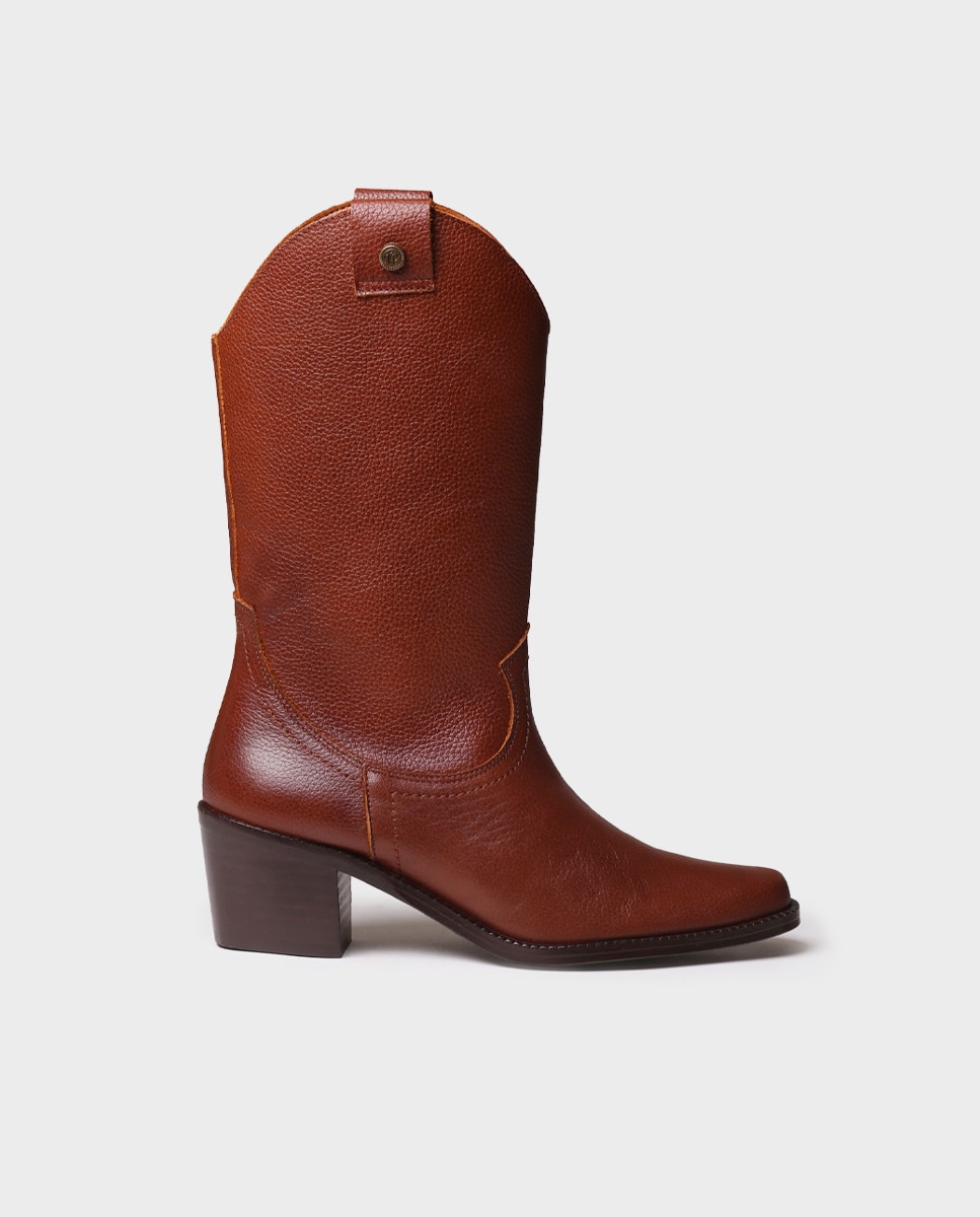 Botins de Pele Tipo Cowboy Castanho-1