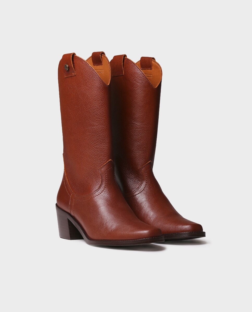 Botins de Pele Tipo Cowboy Castanho-2