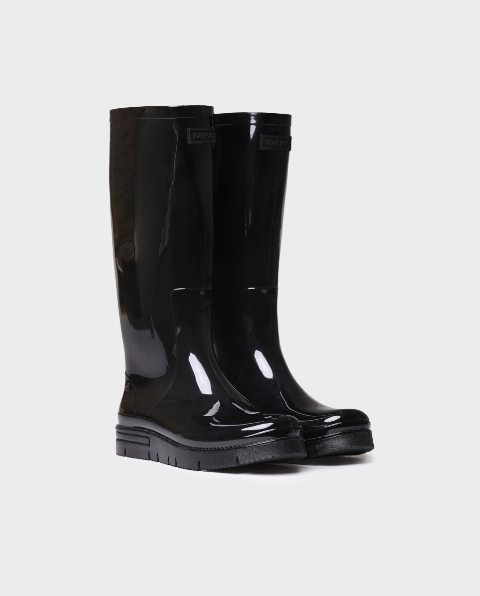 Botas de Água de Borracha com Acabamento Brilhante Preto-2