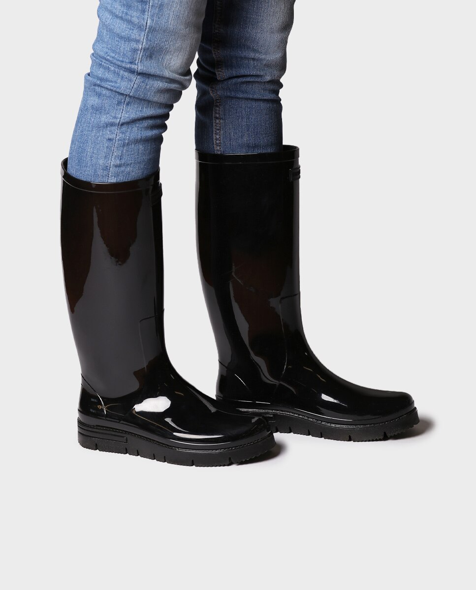 Botas de Água de Borracha com Acabamento Brilhante Preto-4