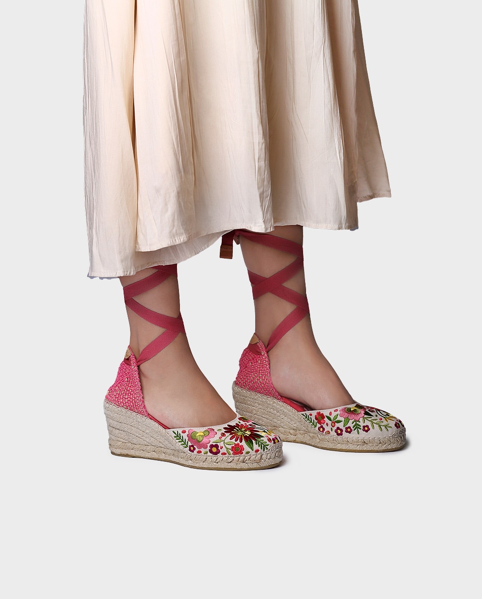 Alpercatas de Cunha Estampadas com Tiras Rosa-4