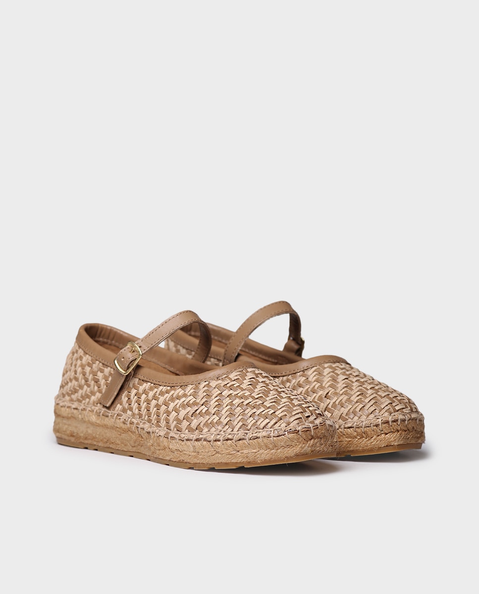Sapatos de Presilha Rasos em Pele com Fivela Castanho-2