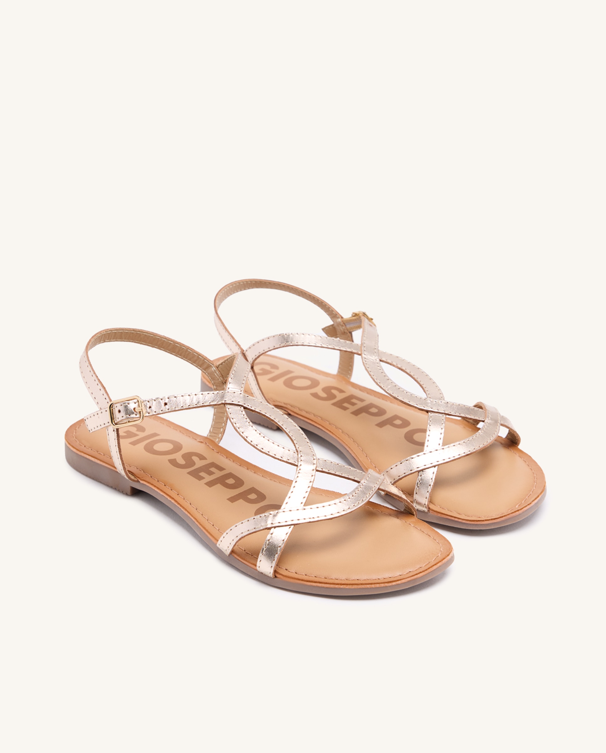 Sandálias Rasas de Pele com Tiras e Palmilha Acolchoada Ouro-2