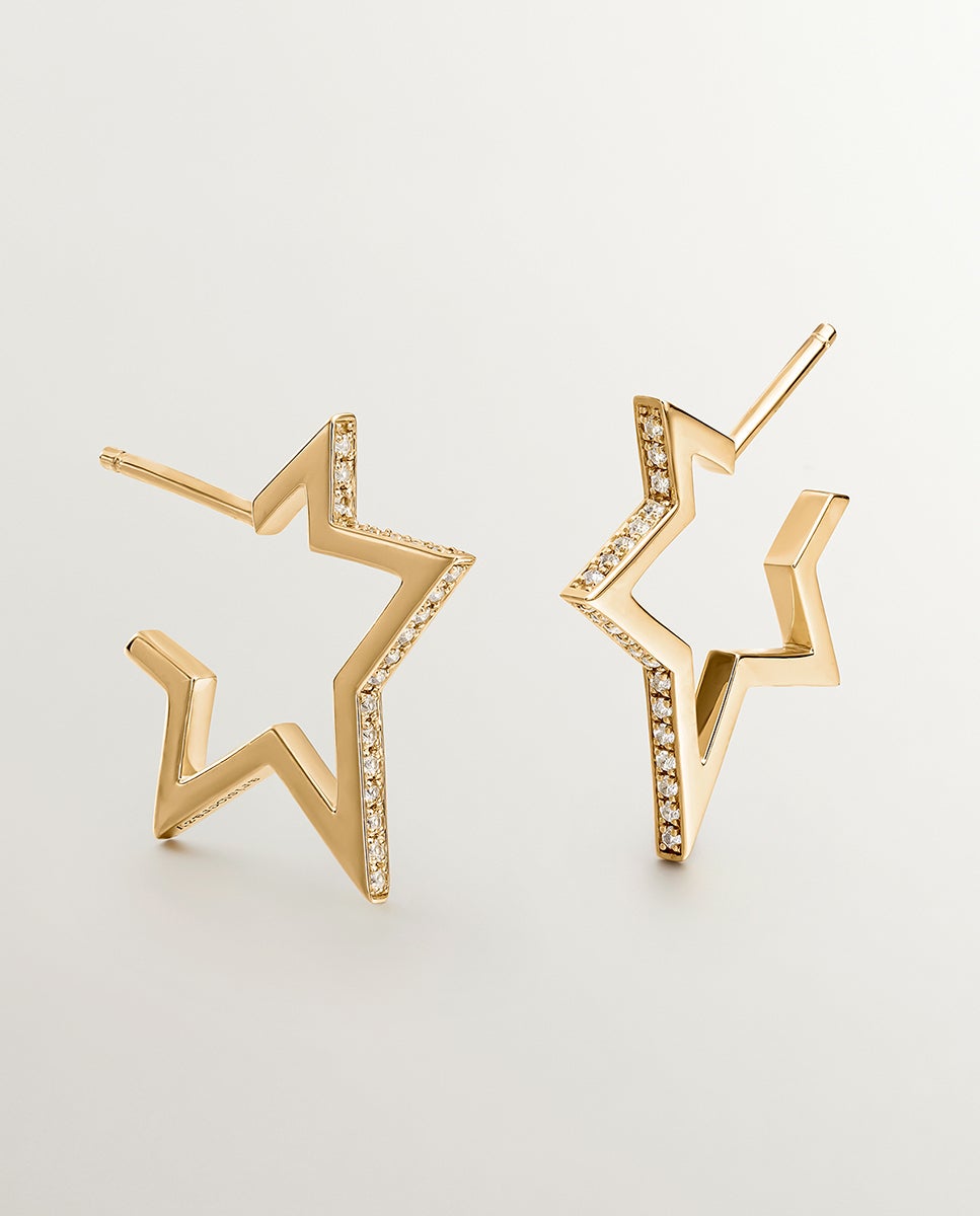 Brincos de Prata 925 Banhada em Ouro Amarelo de 18k com Forma de Estrela e Topázios Brancos Branco-1