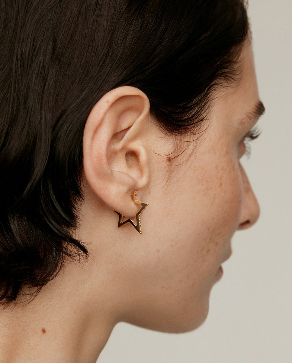 Brincos de Prata 925 Banhada em Ouro Amarelo de 18k com Forma de Estrela e Topázios Brancos Branco-4