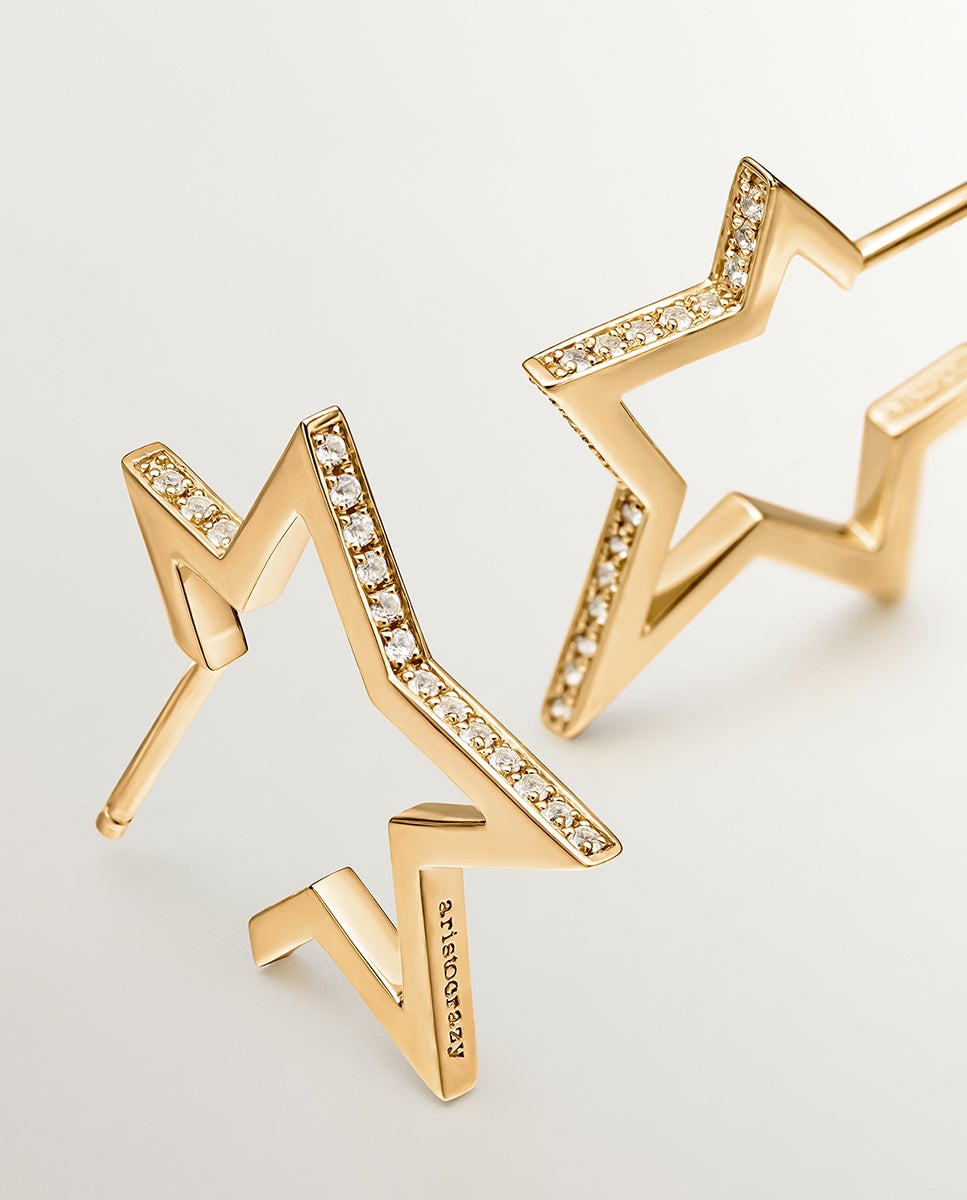 Brincos de Prata 925 Banhada em Ouro Amarelo de 18k com Forma de Estrela e Topázios Brancos Branco-5