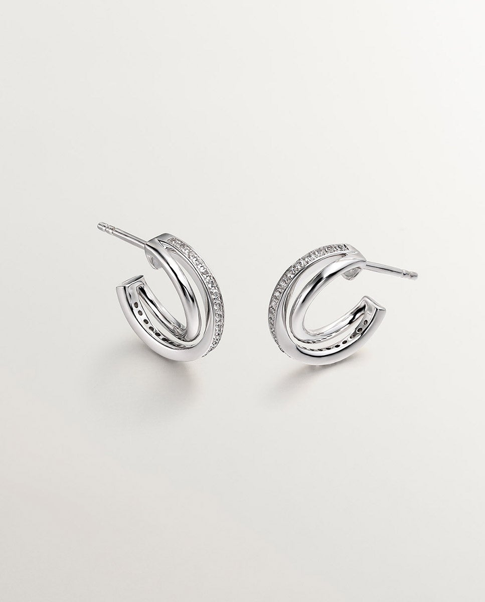 Brincos de Argola Dupla de Prata 925 com Topázios Brancos Branco-1
