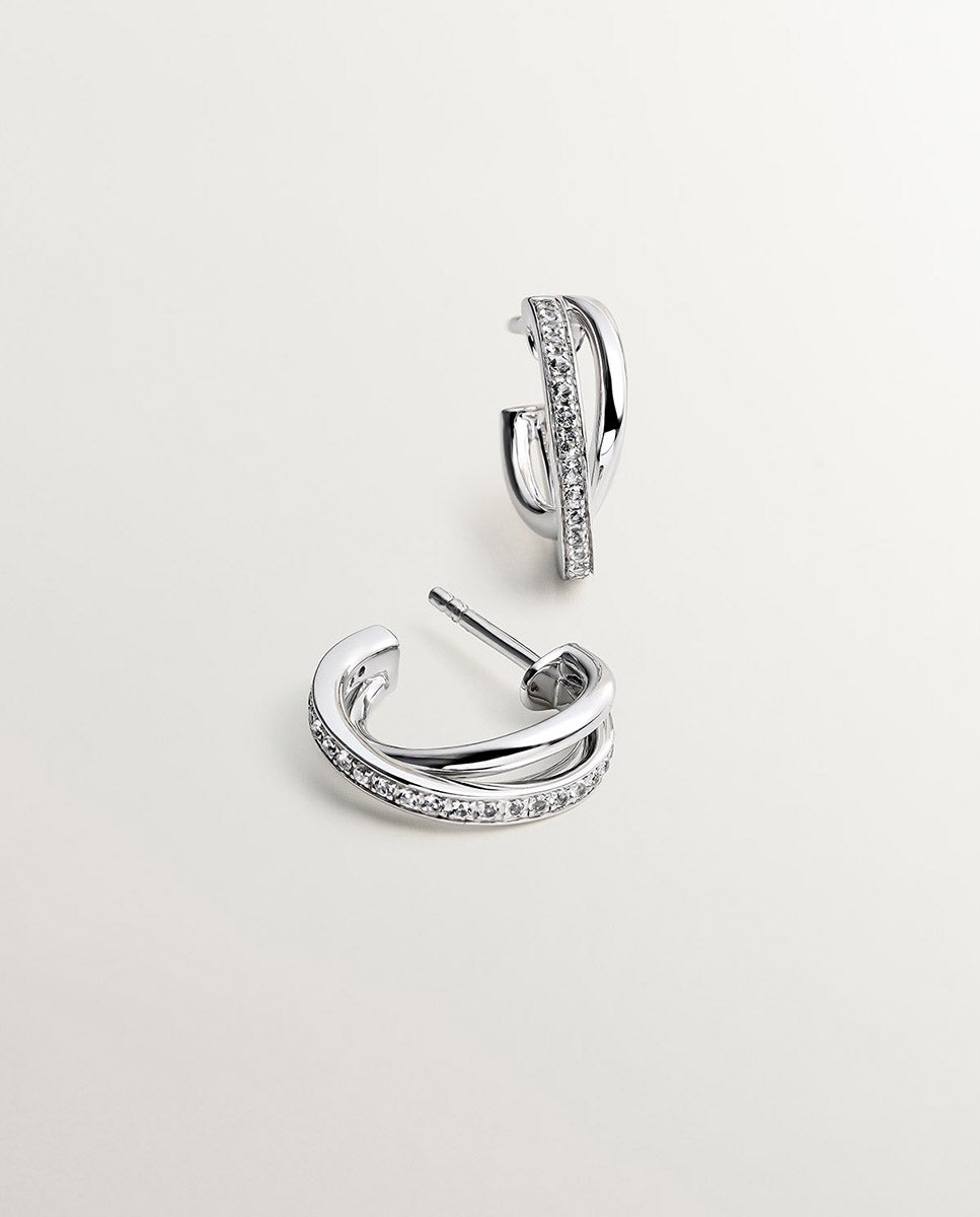 Brincos de Argola Dupla de Prata 925 com Topázios Brancos Branco-3