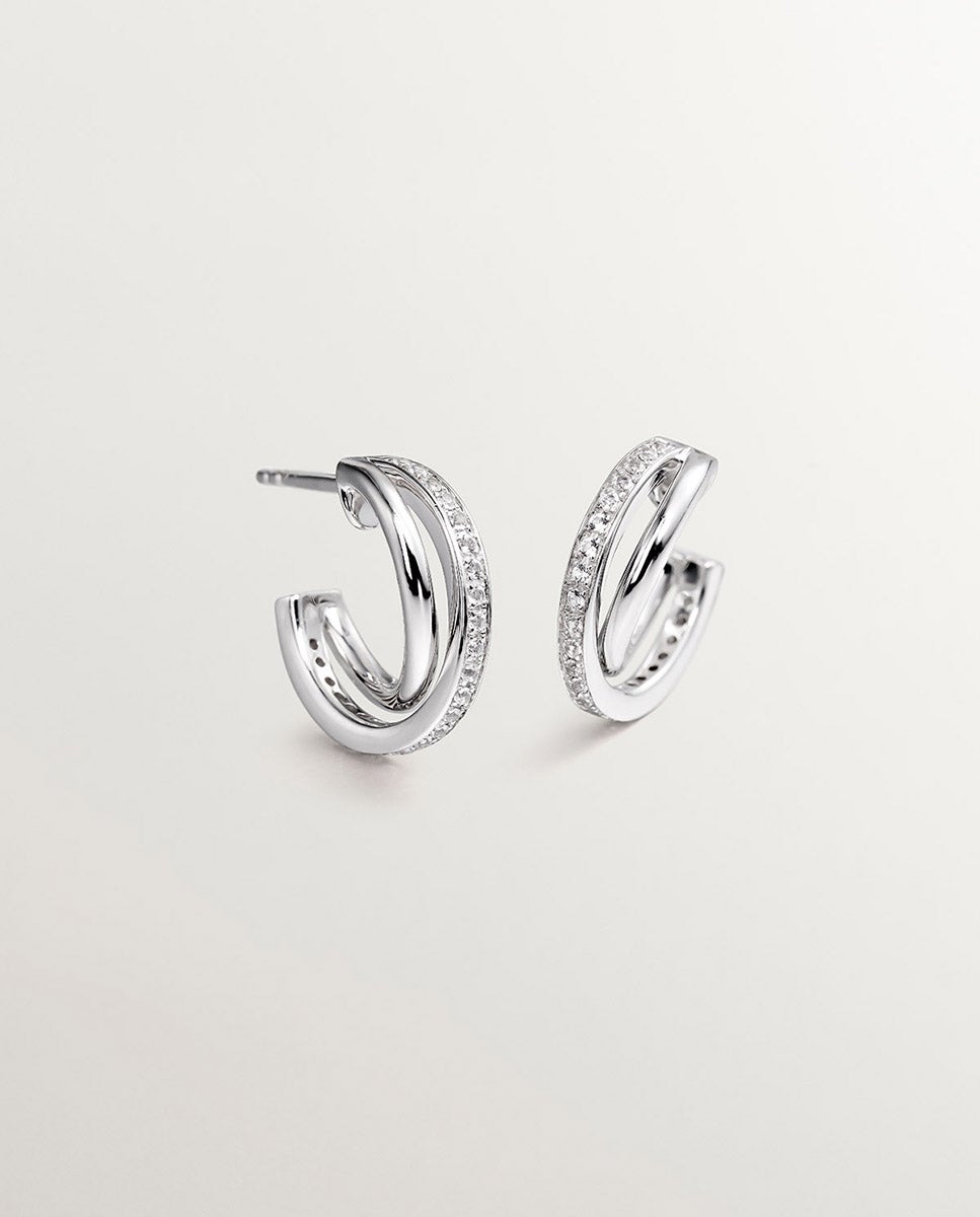 Brincos de Argola Dupla de Prata 925 com Topázios Brancos Branco-5