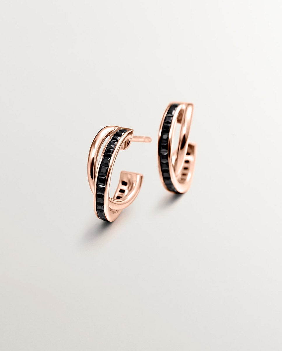Brincos de Argola Dupla de Prata 925 Banhada em Ouro Rosa de 18k com Espinelas Negras Preto-5