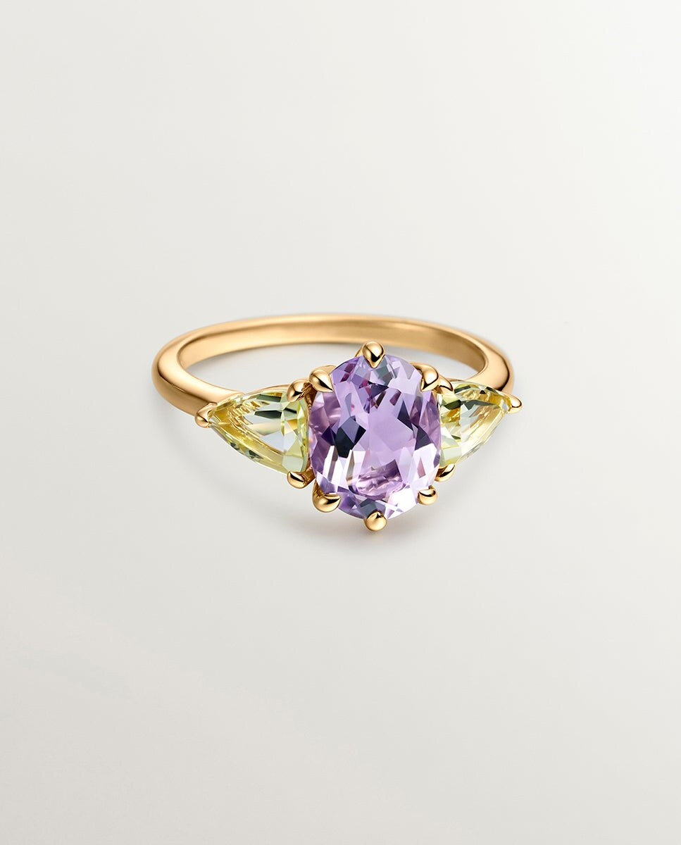 Anel com Três Pedras de Prata Banhada em Ouro Amarelo de 18K com Ametista Roxa e Quartzos Amarelos Roxo-3