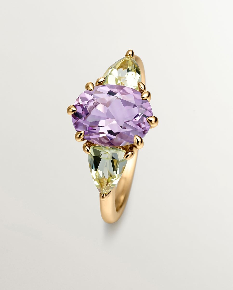 Anel com Três Pedras de Prata Banhada em Ouro Amarelo de 18K com Ametista Roxa e Quartzos Amarelos Roxo-5