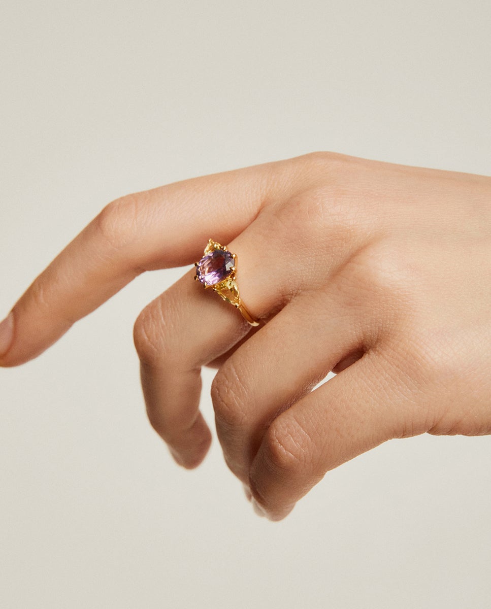 Anel Tresillo de Prata 925 Banhada em Ouro Amarelo de 18k com Ametista Roxa e Quartzos Amarelos Roxo-4
