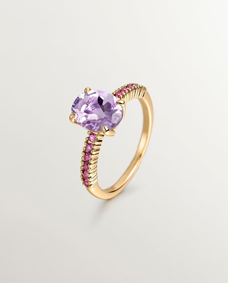 Anel de Prata 925 Banhada em Ouro Amarelo de 18k com Ametista Roxa e Rodolitas Rosa Roxo-1