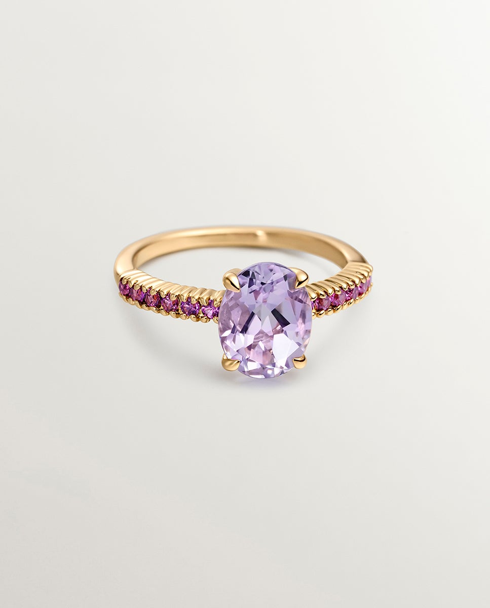 Anel de Prata 925 Banhada em Ouro Amarelo de 18k com Ametista Roxa e Rodolitas Rosa Roxo-3