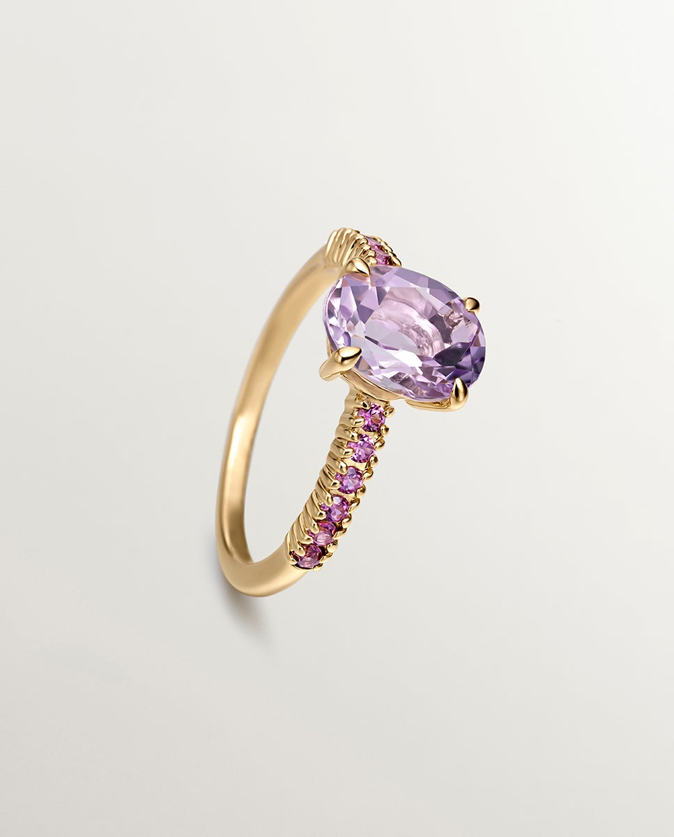 Anel de Prata 925 Banhada em Ouro Amarelo de 18k com Ametista Roxa e Rodolitas Rosa Roxo-5