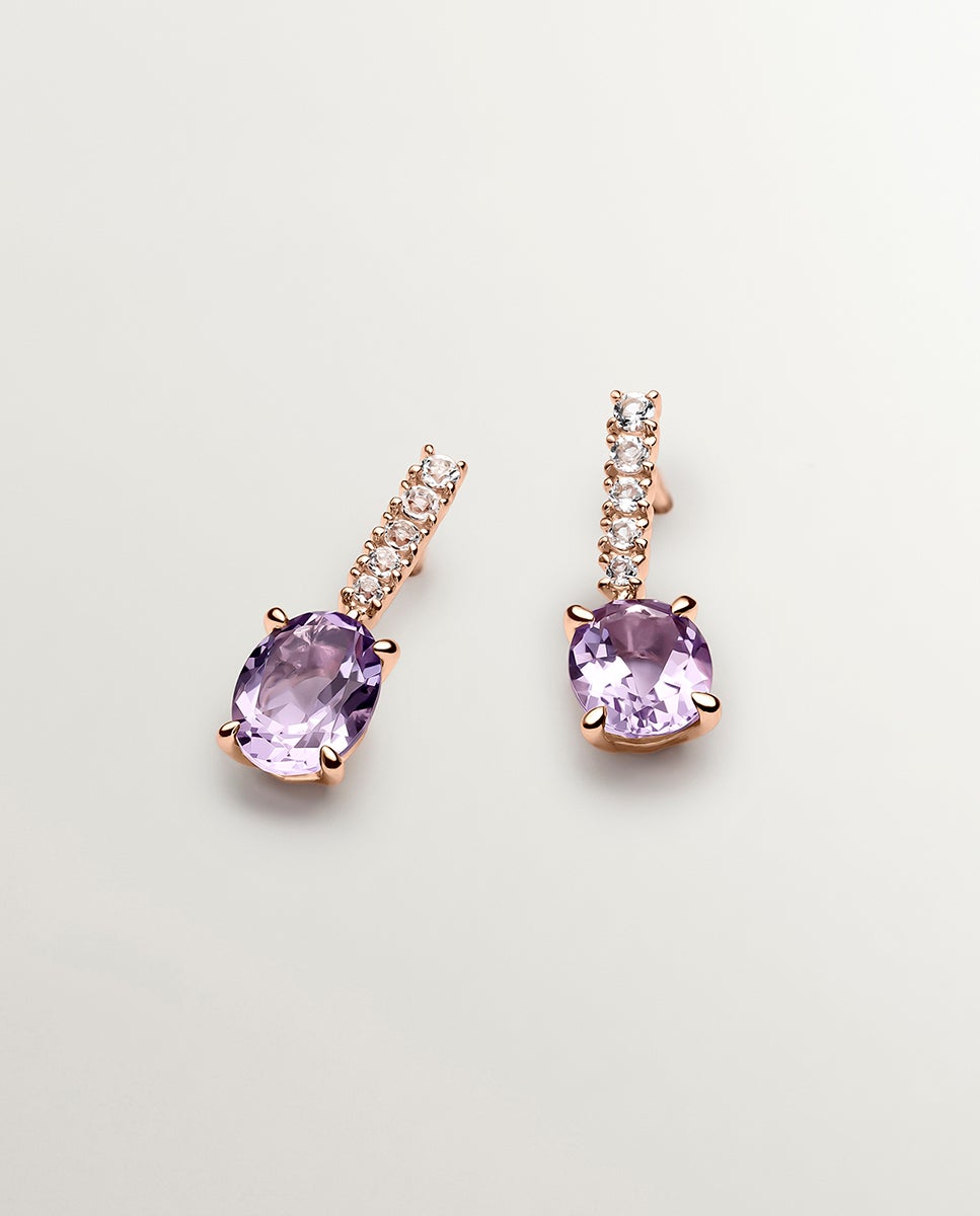 Imagem 0 de Brincos de Prata 925 Banhada em Ouro Rosa de 18k com Ametista Rosa e Topázios Brancos