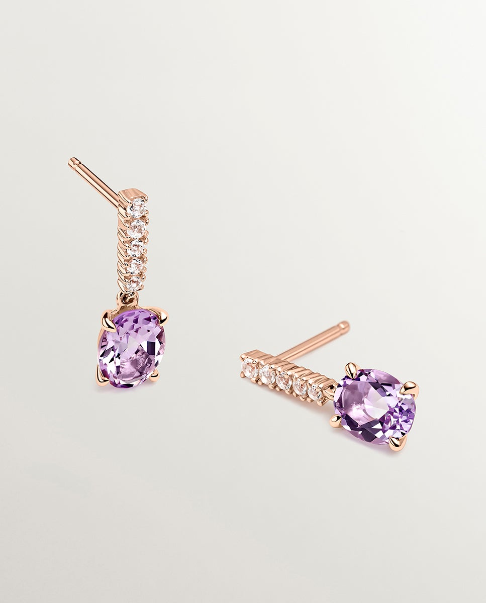 Brincos de Prata 925 Banhada em Ouro Rosa de 18k com Ametista Rosa e Topázios Brancos Rosa-3