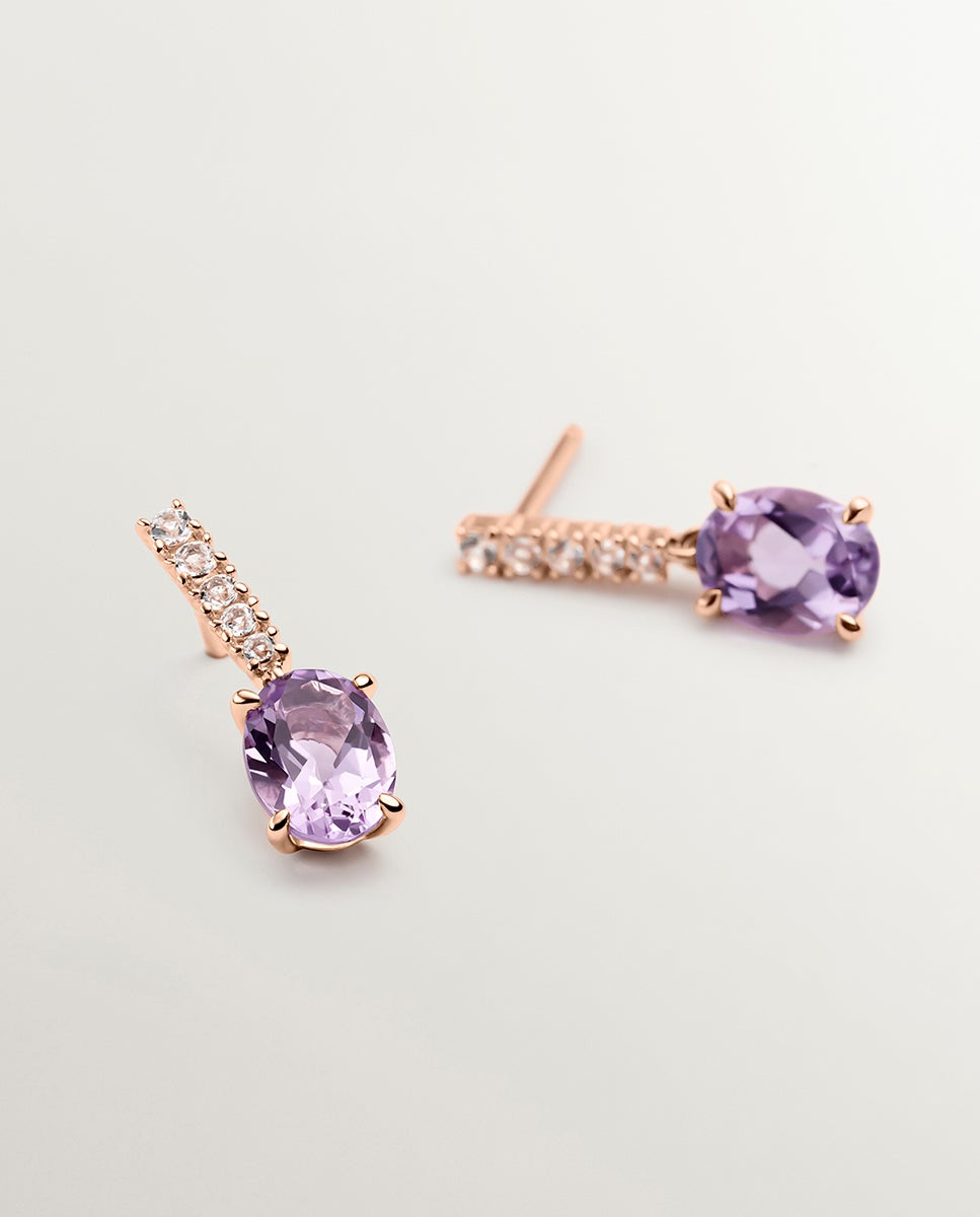 Brincos de Prata 925 Banhada em Ouro Rosa de 18k com Ametista Rosa e Topázios Brancos Rosa-5