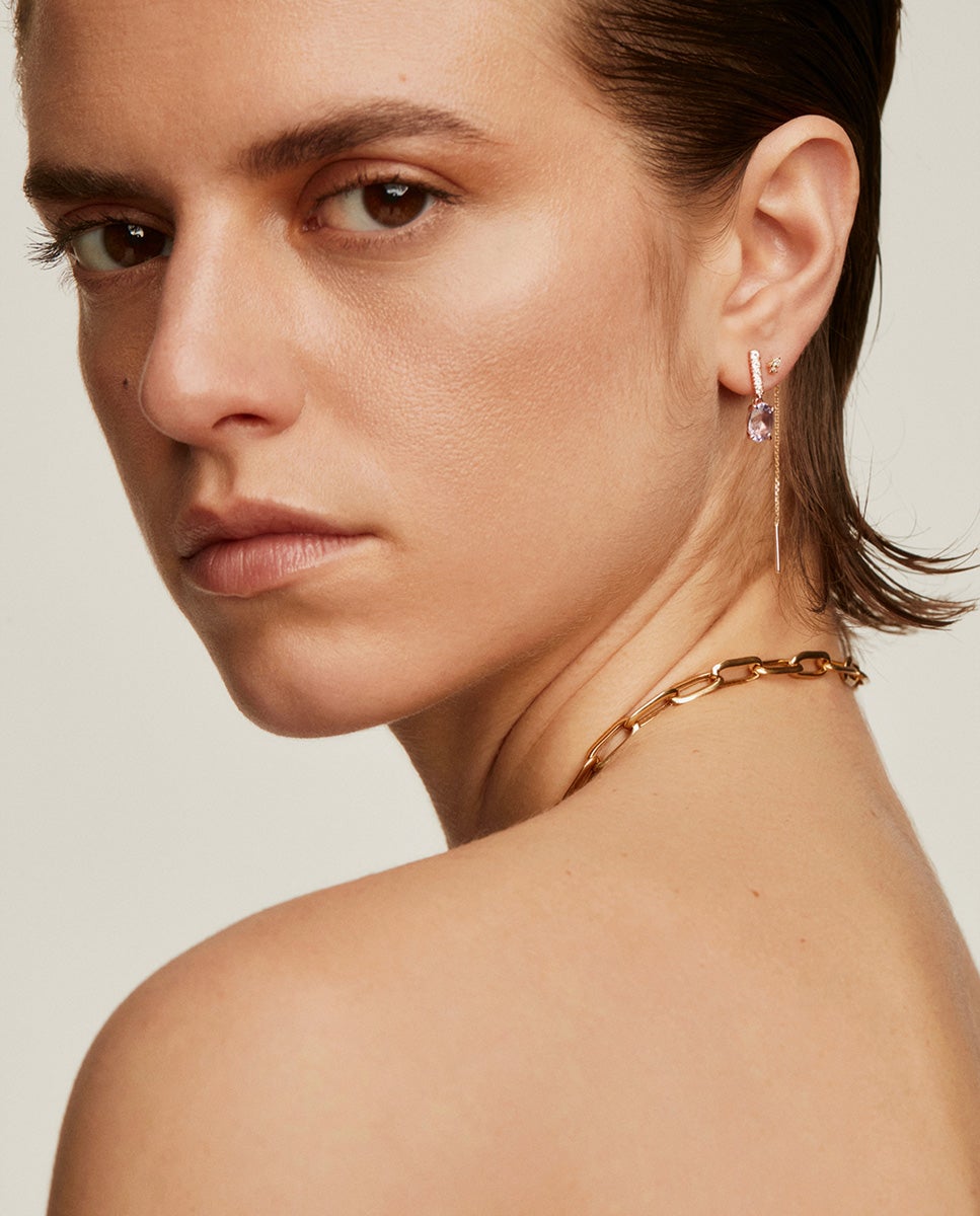 Brincos de Prata 925 Banhada em Ouro Rosa de 18k com Ametista Rosa e Topázios Brancos Rosa-6
