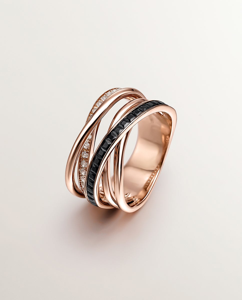 Anel Multibraço de Prata 925 Banhada em Ouro Rosa de 18k com Topázios Brancos e Espinelas Negras Multicolor-1