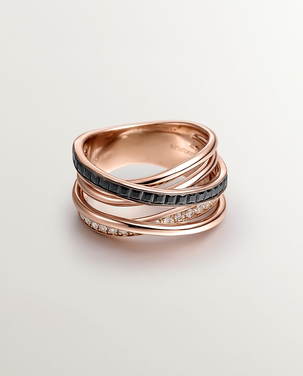 Anel Multibraço de Prata 925 Banhada em Ouro Rosa de 18k com Topázios Brancos e Espinelas Negras Multicolor-2