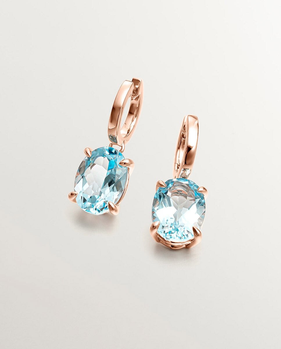 Brincos de Argola Grandes de Prata 925 Banhada a Ouro Rosa de 18k com Topázio Azul Sky Azul-1